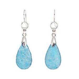 Handmade Aquamarine Teardrop Czech Glass Silver Dangle Earrings Boho Drop